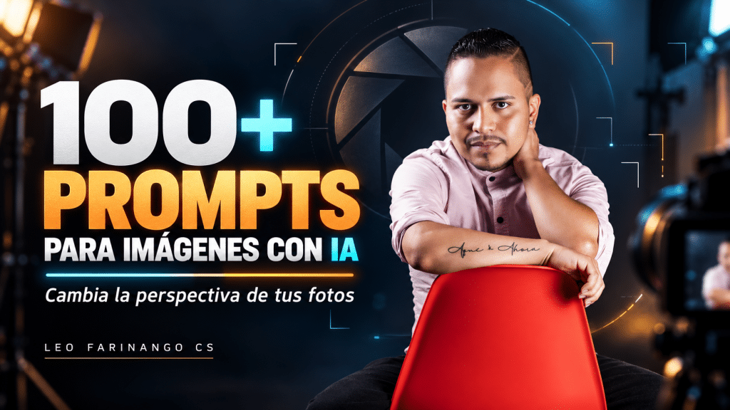 Portada de 100+ prompts para imágenes con IA con Leo Farinango en un estudio fotográfico de luz cinematográfica.